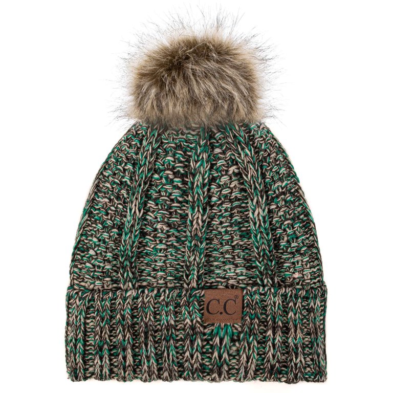 C.C YJ-820 Thick Cable Knit Hat Faux Fur Pom Pom Fleece  display picture 3