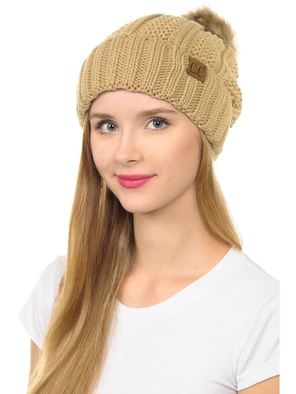 YJ-820 Thick Cable Knit Hat Faux Fur Pom Pom Fleece Lined Cuffed Beanie Camel