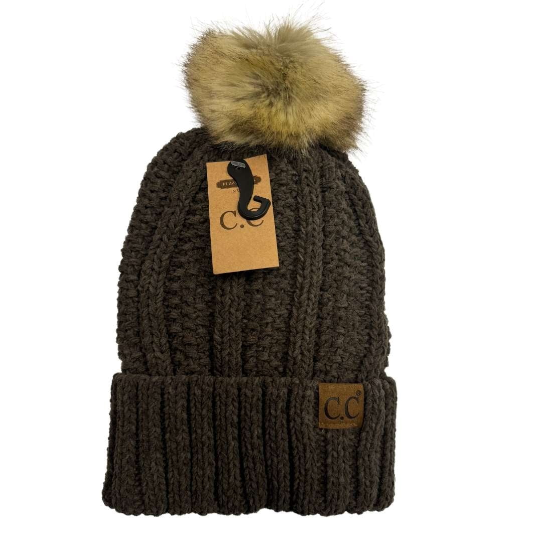 C.C Exclusives Fuzzy Lined Knit Fur Pom Beanie Hat (YJ-820) C.C Exclusives Fuzzy Lined Knit Fur Pom Beanie Hat (YJ-820  main image 3