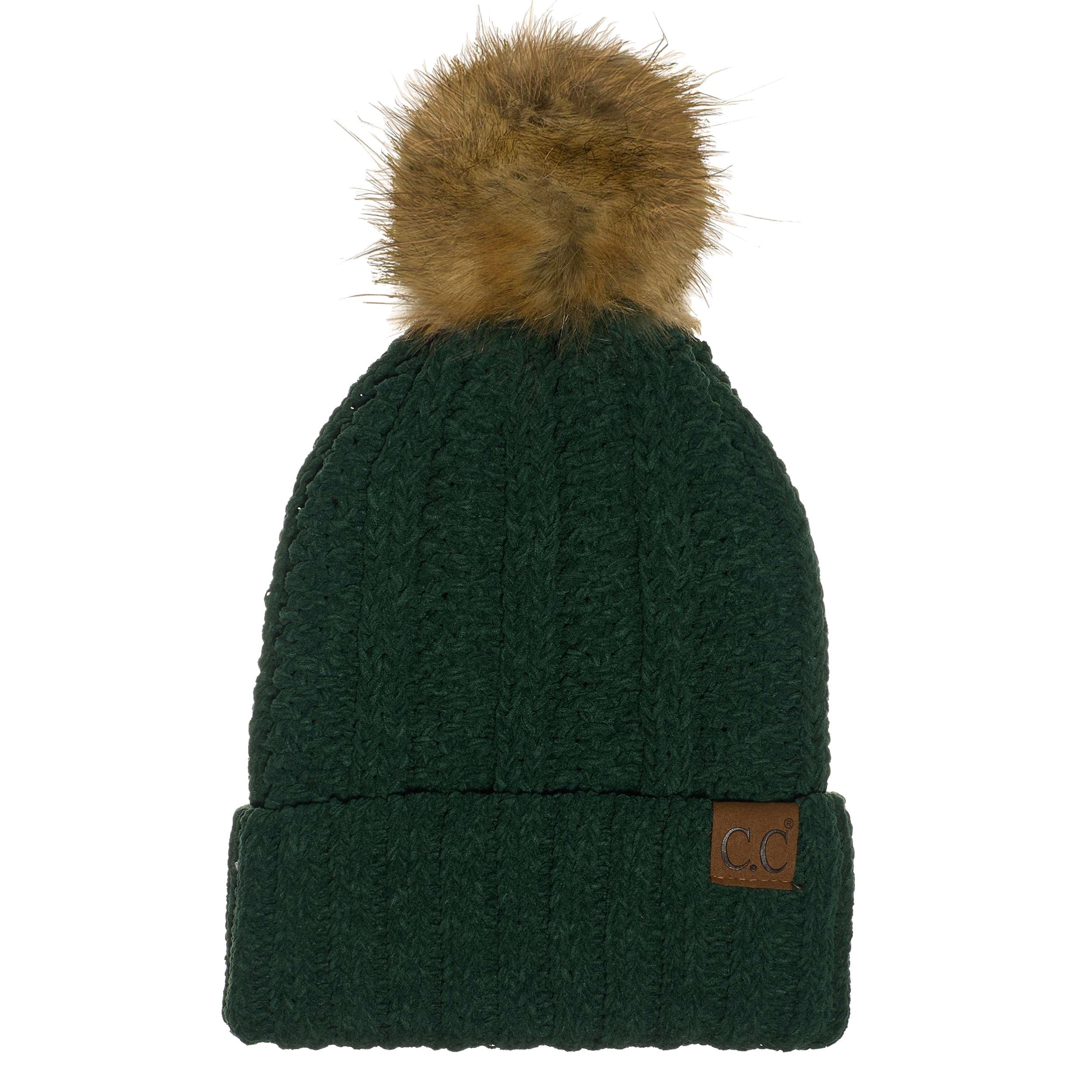C.C YJ-820 Thick Cable Knit Hat Faux Fur Pom Pom Fleece  display picture 1