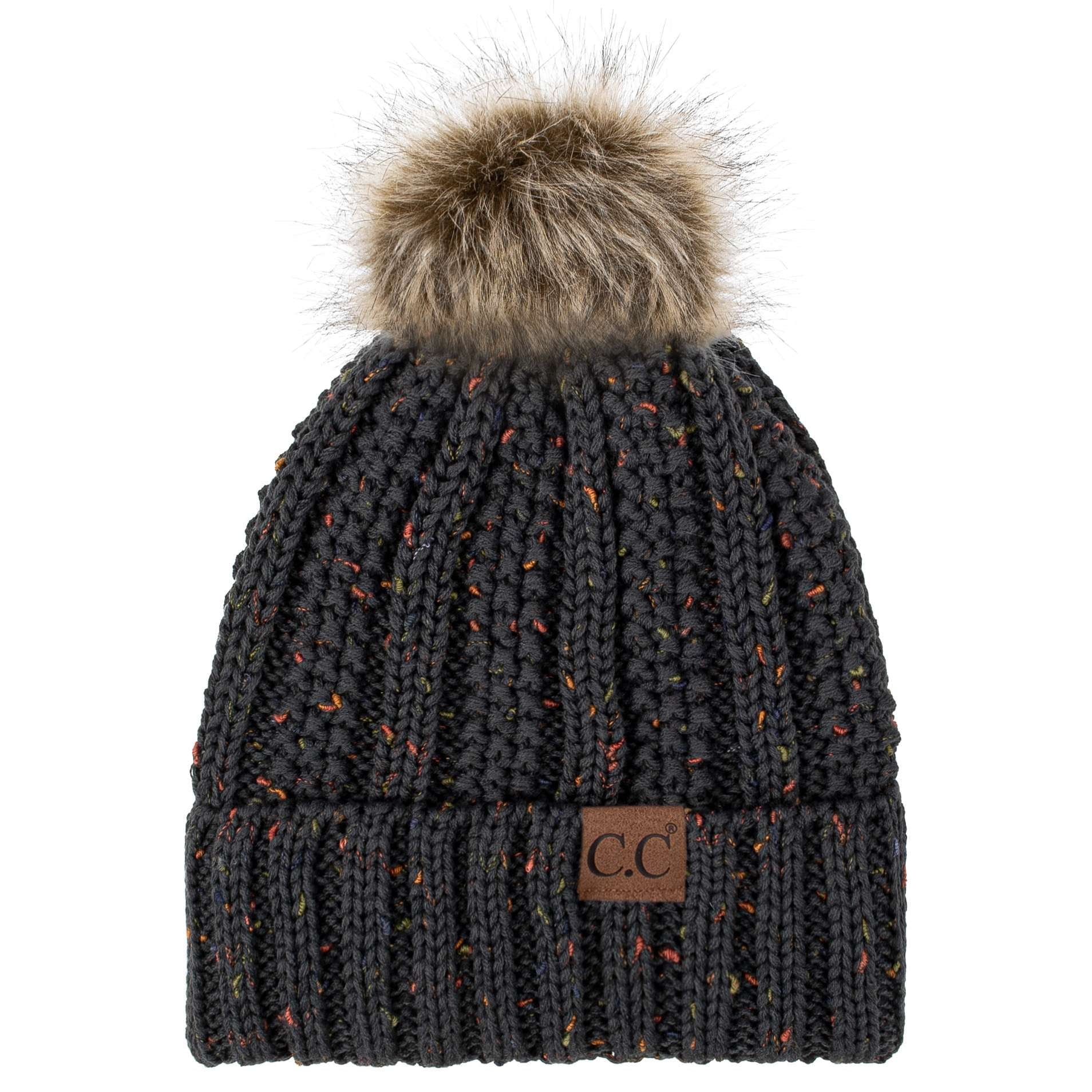C.C YJ-820 Thick Cable Knit Hat Faux Fur Pom Pom Fleece  display picture 2