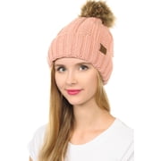 C.C YJ-820 Thick Cable Knit Hat Faux Fur Pom Pom Fleece Lined Cuffed Beanie Indi Pink