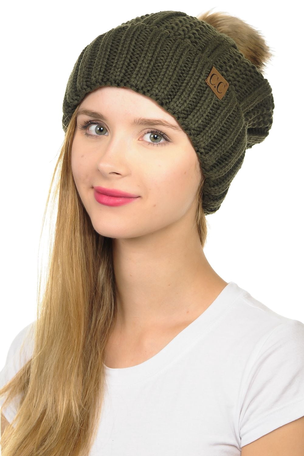 C.C YJ-820 Thick Cable Knit Hat Faux Fur Pom Pom Fleece  display picture 1
