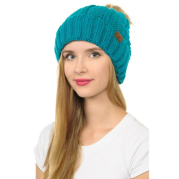 C.C YJ-820 Thick Cable Knit Hat Faux Fur Pom Pom Fleece Lined Cuffed Beanie Teal