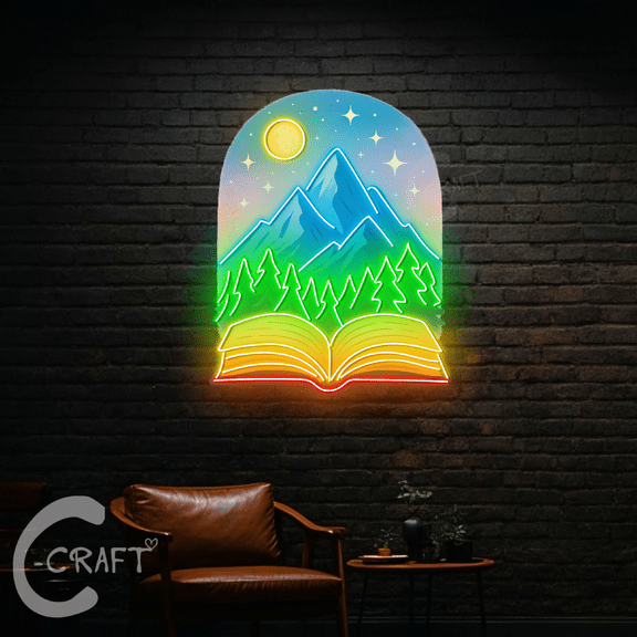C-CRAFT Adventure Book Led Light Sign 38 inch for Reading Nook Decor, Sunset Wall Art, Reader Gift
