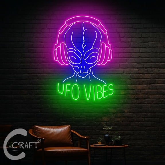 C-CRAFT Alien Music UFO Vibes Neon Led Light Up 30 inch for Music Bar Pub Wall Decor