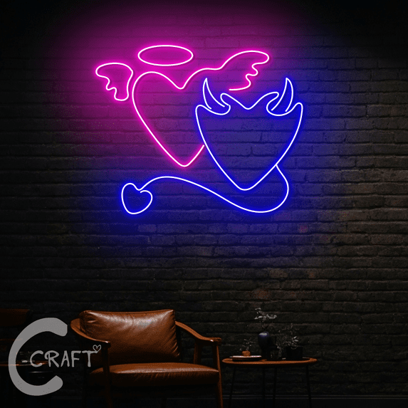 Angel Devil Heart LED Neon Sign - Customizable Wall Decor For Room, Party & Wedding