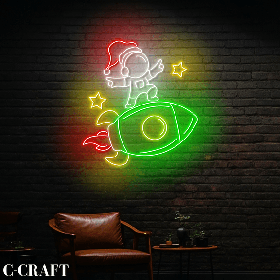 C-CRAFT Astronaut Rocket Christmas Neon Sign Wall Decor LED Light Decorations Indoor_Outdoor Use