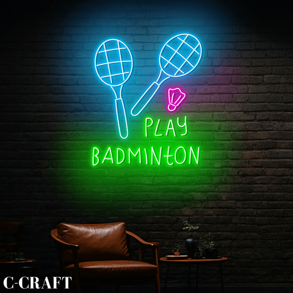 C-CRAFT Badminton Racket Shuttlecock Neon Led Light Wall Art for Badminton Sport Shop Decor