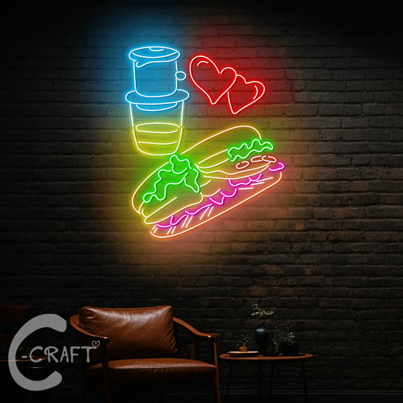 C-CRAFT Banh Mi Ca Phe Neon Led Light Up 38 inch for Vietnamese Banh Mi Shop Wall Decor
