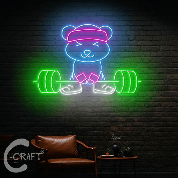 C-CRAFT Bear Lift Weight Neon Led Lights 25 inch for Gym Fitness Room Decor