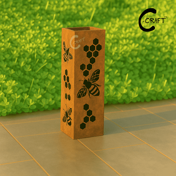 C-CRAFT Bee Pattern Rusty Metal Garden Column 36 inches With Lid, Custom Outdoor Yard Art for Garden Decoration