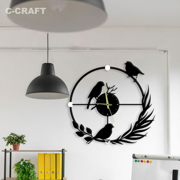 C-CRAFT Bird Round Modern Wall Clock Silent 14 Inch for Living Room Wall Decor