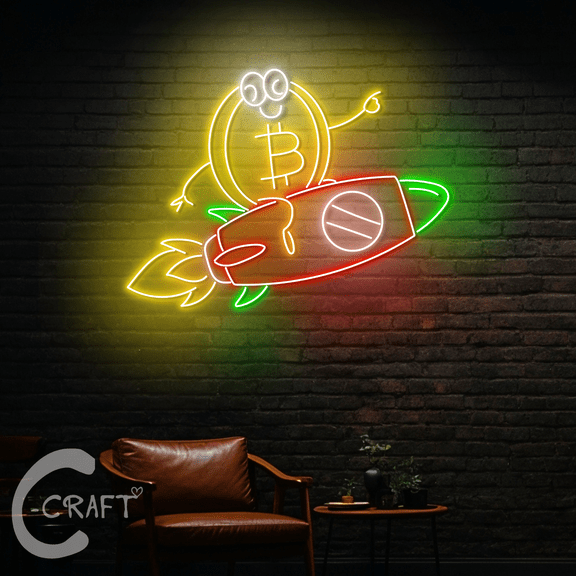 C-CRAFT Bitcoin Riding Rocket Neon Led Light Sign 40 inch for Crypto Trading Investment Wall Decor
