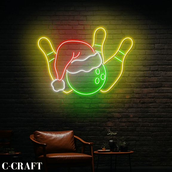 C-CRAFT Bowling Ball & Pin Christmas Neon Led Light Wall Art for Bowling Club Decor