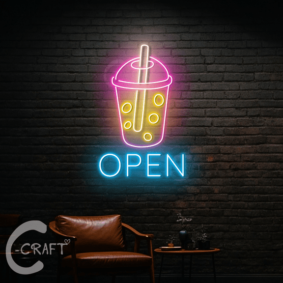 C-CRAFT Bubble Tea Open Neon Light Led Sign 27 inch for Bubble Tea Shop Wall Art Decor