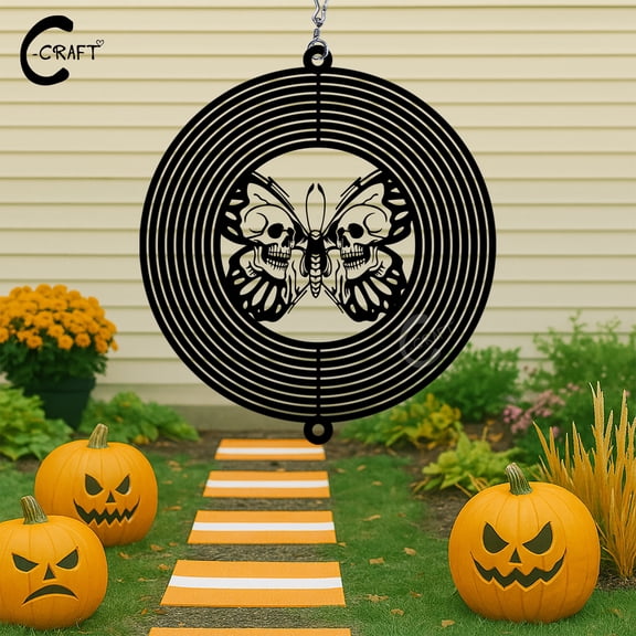 C-CRAFT Butterfly Skull Wind Spinner 8 Inches, Garden Decoration for Halloween Party, Gothic Style Lovers Gift