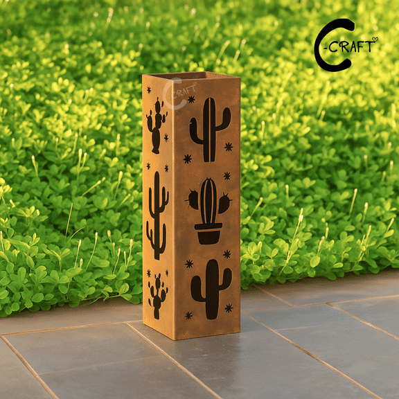 C-CRAFT Cactus Rusty Metal Garden Column Decor 24 inches Without Lid, Custom Outdoor Yard Furniture