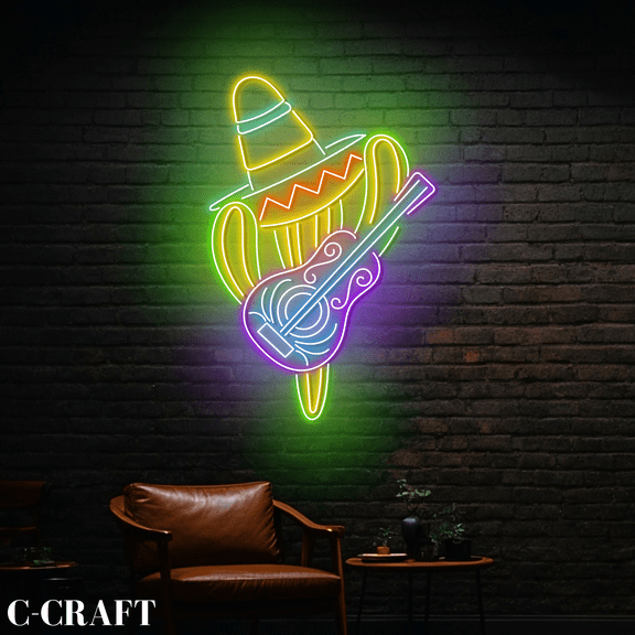 C-CRAFT Cactus Sombrero Guitar Neon Led Light Sign for Mexican Party Wall Art Decor