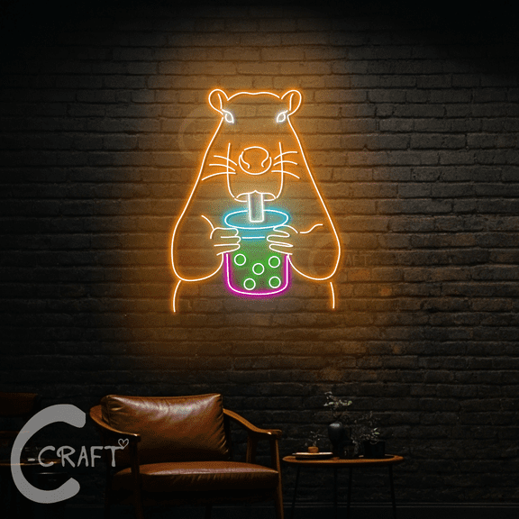 C-CRAFT Capybara Drink Boba Tea Neon Sign Led Light Up 30 inch for Boba Tea Shop Wall Art Decor
