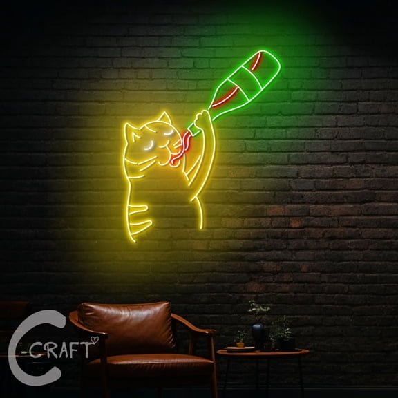 C-CRAFT Cat Drink Beer Neon Led Light Up 27 inch for Beer Club Bar Pub Wall Decor