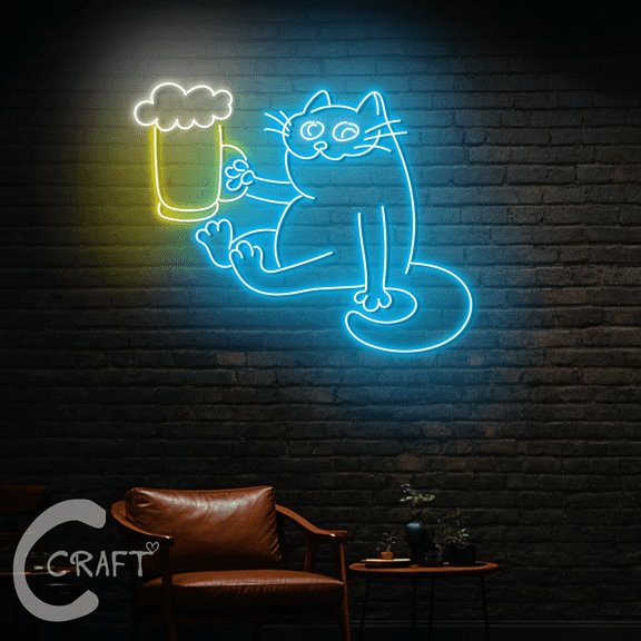 C-CRAFT Cat Drink Beer Neon Led Light Up 27 inch for Beer Club Home Bar Decor