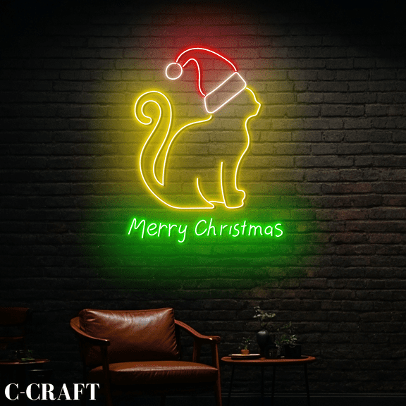 C-CRAFT Cat Kitty Christmas Neon Led Light Wall Art for Cat Shop Christmas Decor