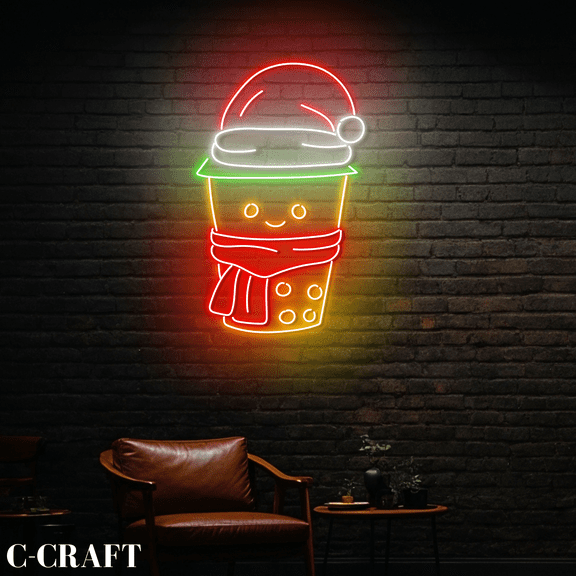 C-CRAFT Christmas Boba Tea Glass Neon Led Light Wall Art for Bubble Milk Tea Shop Decor