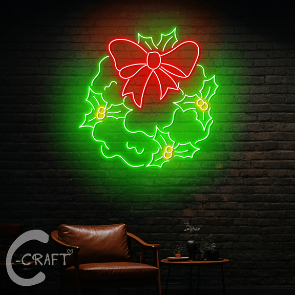 C-CRAFT Christmas Bow Wreath Neon Led Light 23 inch for Home Living Room Bedroom Decor