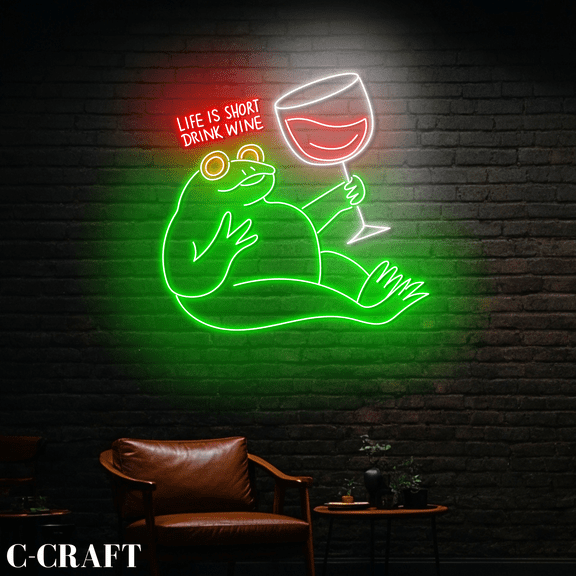 C-CRAFT Chubby Frog Drink Wine Neon Led Light for Wine Bar Pub Wall Art Decor