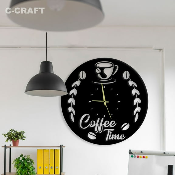 C-CRAFT Coffee Time Modern Wall Clock Silent 14 Inch for Living Room Wall Decor