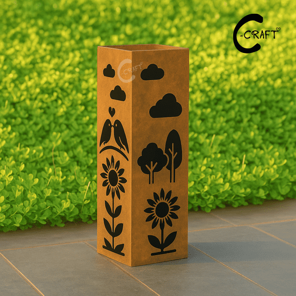 C-CRAFT Couple Bird Rusty Metal Garden Column 36 inches Without Lid, Custom Outdoor Landscape Decor