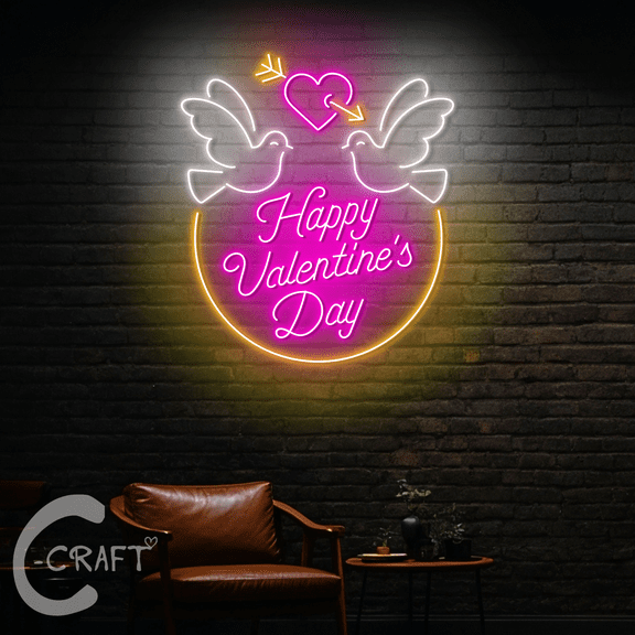 C-CRAFT Couple Dove Neon Led Light Sign 25 inch for Happy Valentine's Day Wall Decor