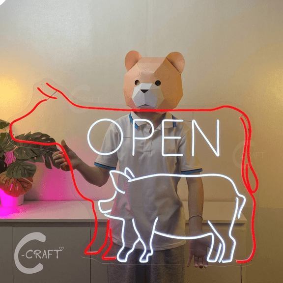C-CRAFT Cow Pig Open Neon Sign Led Light Up 30 inch for Butcher Meat Shop Wall Art Decor