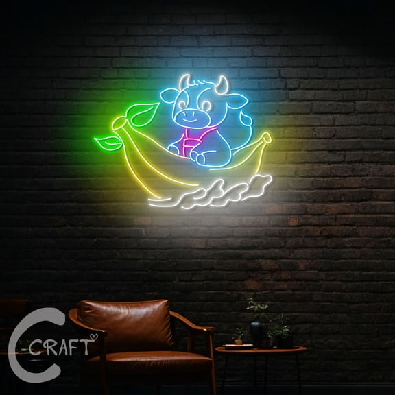 C-CRAFT Cow Riding Banana Boat Neon Led Light Up 27 inch for Cow Farm Fruit Shop Wall Decor