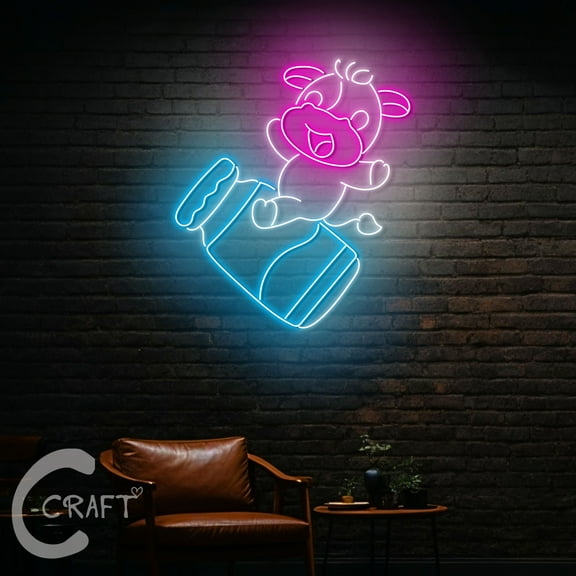 C-CRAFT Cow Riding a Bottle of Milk Neon Led Light Up 25 inch for Cow Milk Shop Wall Decor