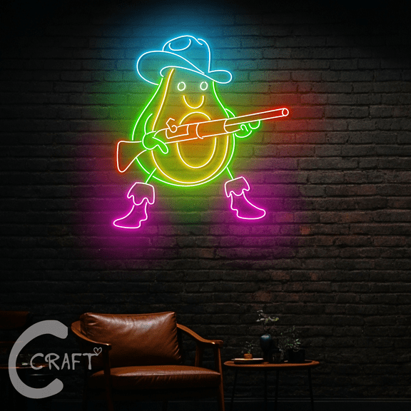 C-CRAFT Cowboy Avocado Neon Led Light Up 25 inch for Mexican Guacamole Restaurant Decor