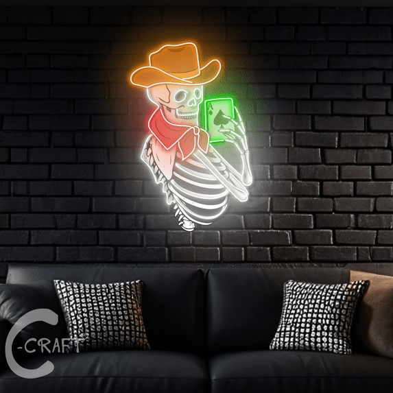 C-CRAFT Cowboy Skeleton Acrylic Led Light Neon Sign 18 inch for Poker Room and Casino Wall Decor - 25"/63cm