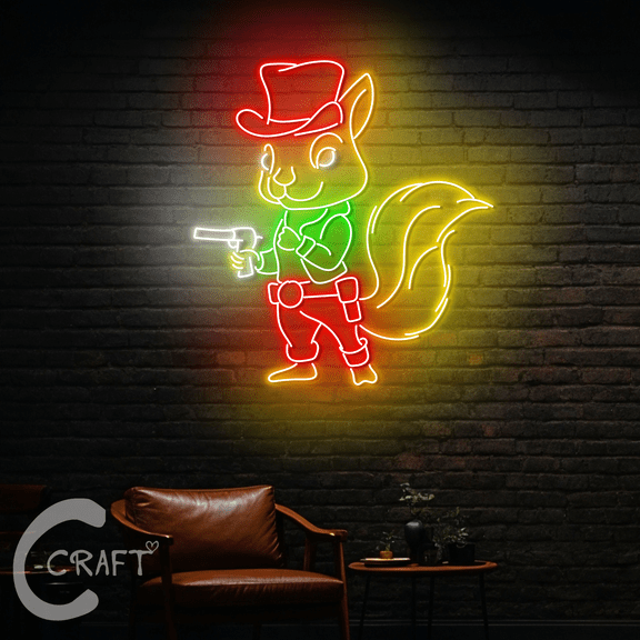 C-CRAFT Cowboy Squirrel Neon Led Light Up 25 inch for Western Cowboy Bar Wall Decor