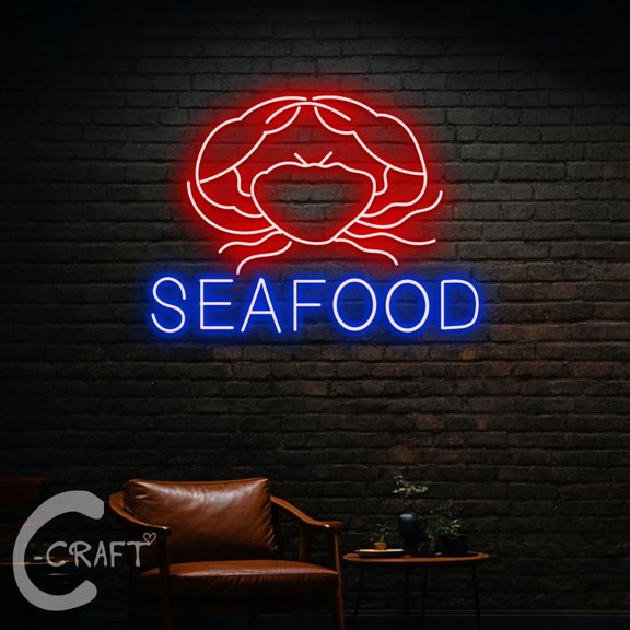 C-CRAFT Crab Seafood Neon Sign LED Light 20 inch for Seafood Restaurant Wall Art Decor
