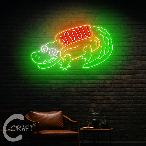 C-CRAFT Crocodile Hot Dog Neon Led Light Sign 35 inch for Hot Dog Restaurant Wall Decor
