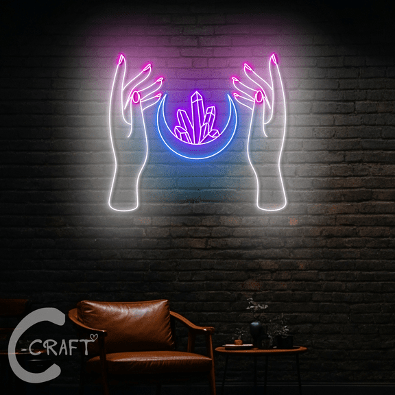 C-CRAFT Crystal Moon Hand Neon Led Light 25 inch for Tarot Psychic Shop Decor