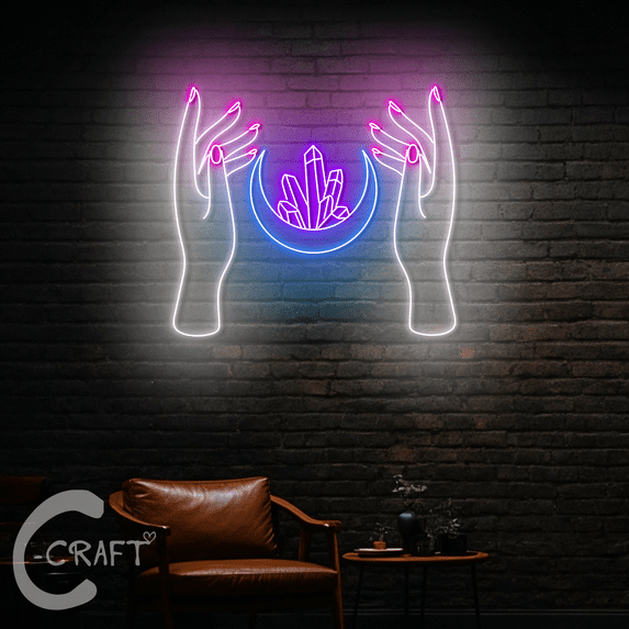 C-CRAFT Crystal Moon Hand Neon Led Light 38 inch for Tarot Psychic Shop Decor