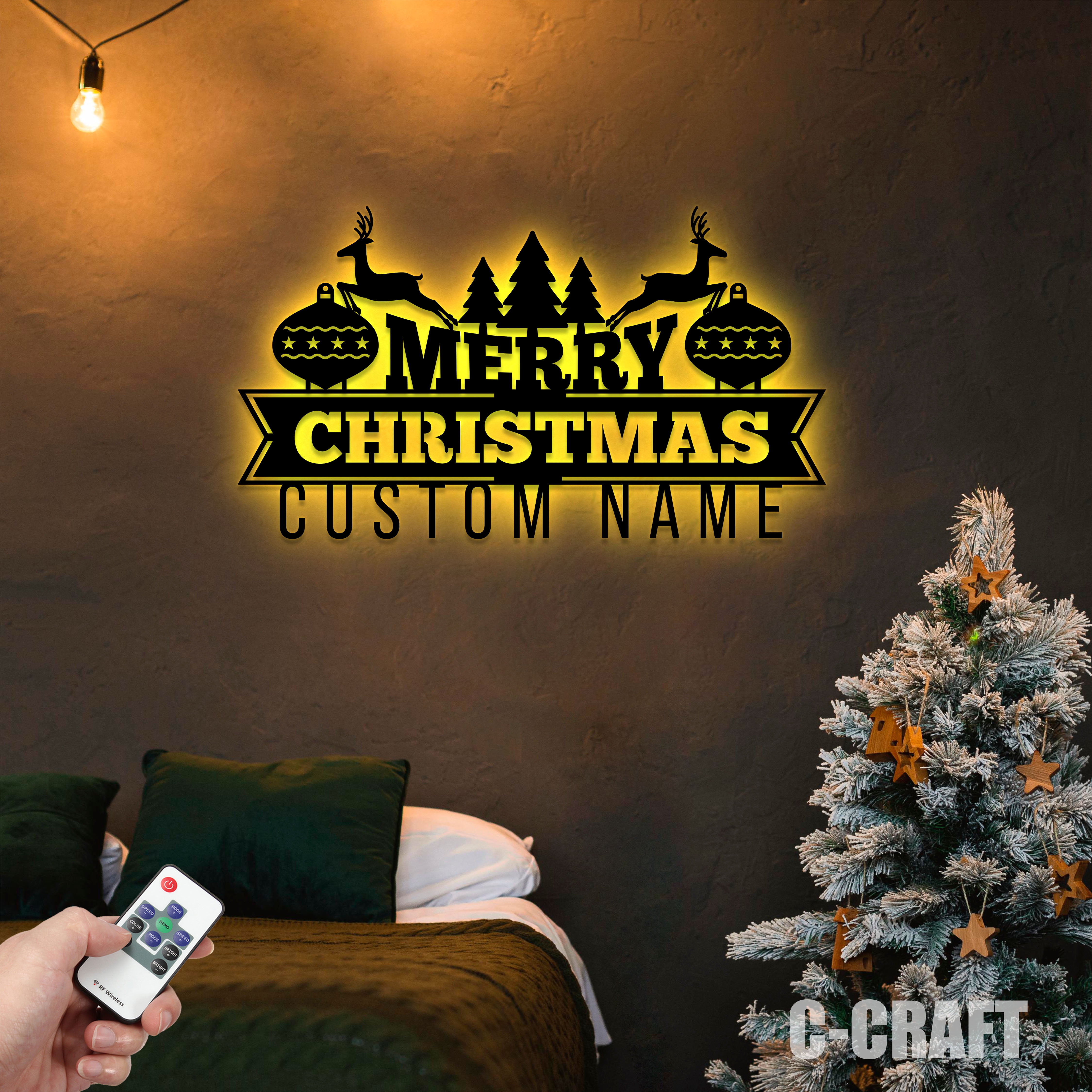 CCRAFT Custom Deer Merry Christmas LED Metal Sign, Unique Wall Art for