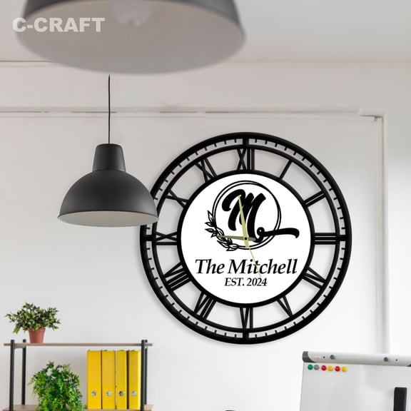 C-CRAFT Custom Name Metal Modern Wall Clock Silent 14 Inch for Living Room Wall Decor