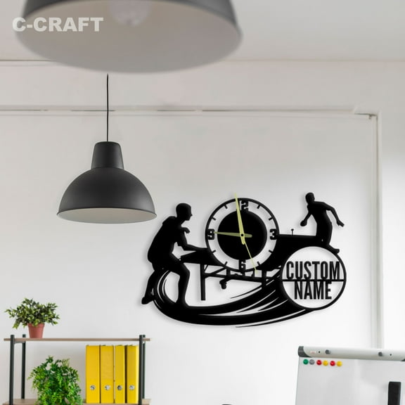 C-CRAFT Custom Name Table Tennis Modern Wall Clock Silent 14 Inch for Living Room Wall Decor