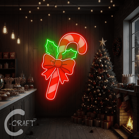 C-CRAFT Cute Christmas Candy Cane Neon UV Light 18 Inches, Holiday LED Light Wall Art, Festival Home Decor, Gift for Friends
