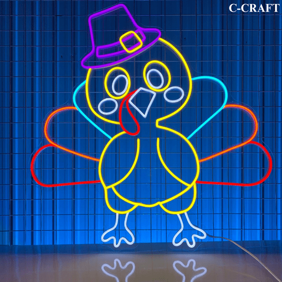C-CRAFT Cute Turkey Thanksgiving Neon Sign LED Light 25 inch for Wall Decor