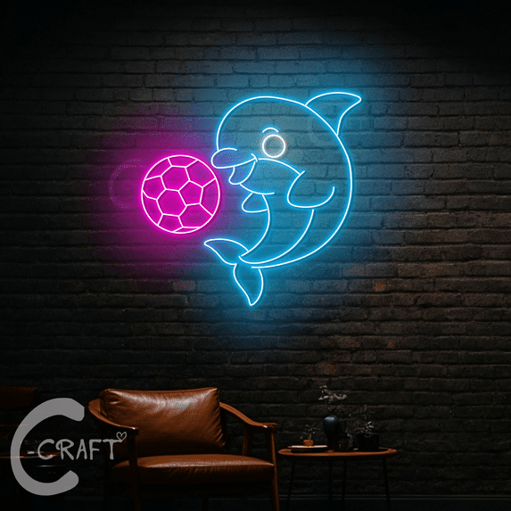 C-CRAFT Dolphin Playing Football Neon Light Led Sign 35 inch for Football Shop Wall Art Decor