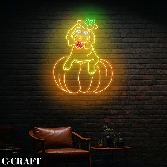 C-CRAFT Doodle Dog Pumpkin Thanksgiving Neon Sign LED Light Acrylic Wall Decorations For Home Decor